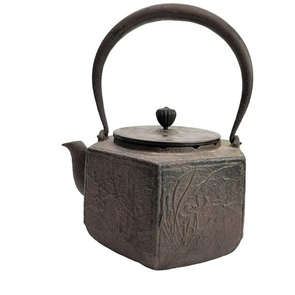 Japanese Cast Iron Teapot Copper Signed Hexagonal Antique Tetsubin CT407 - Picture 2 of 13